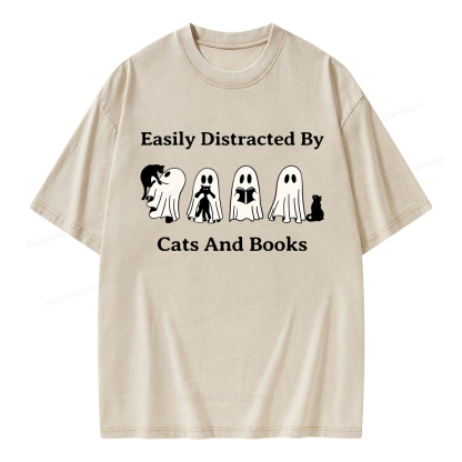 Pagewings Easily Distracted By Cats And Books Unisex Washed T-shirt