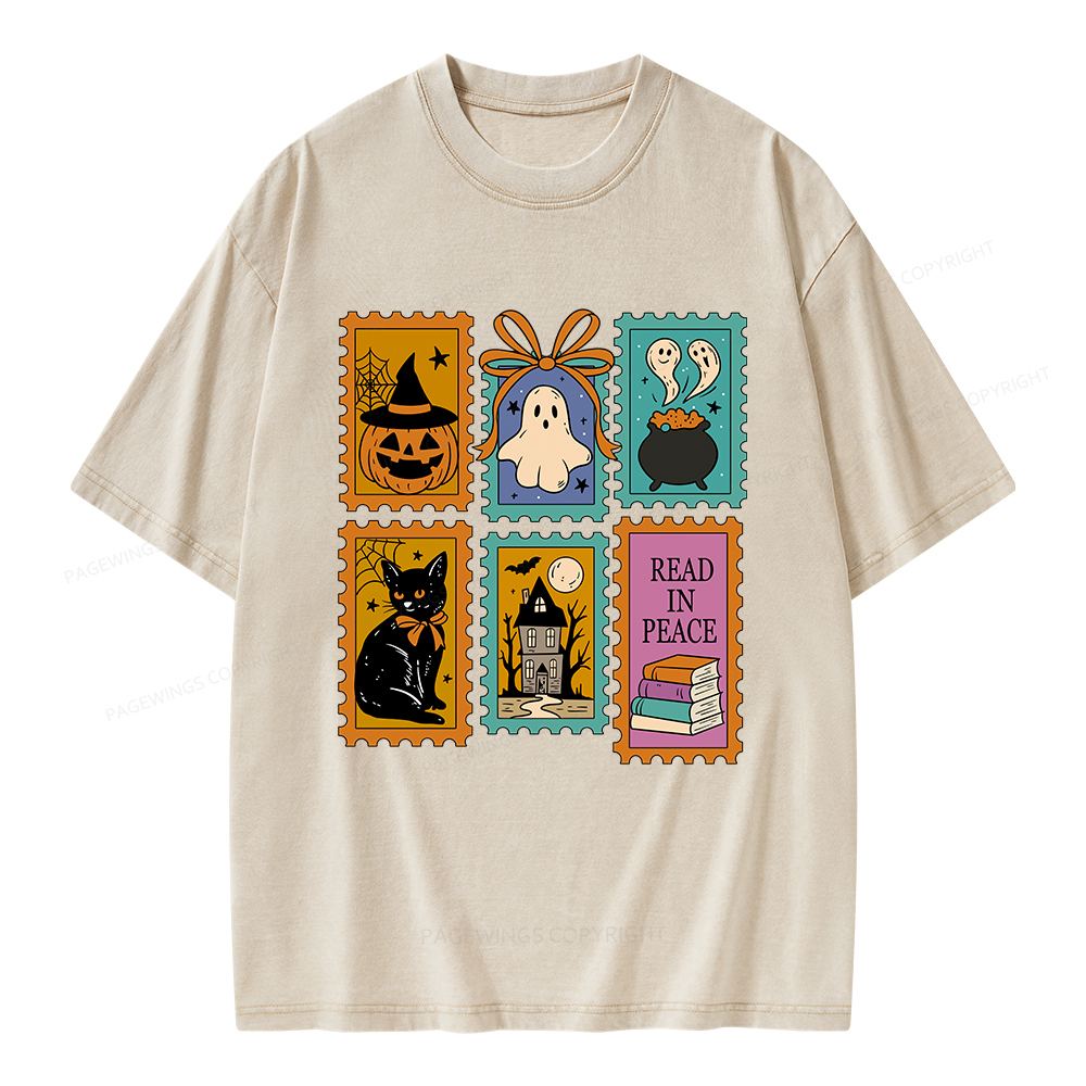 Pagewings Halloween Cute Ghost Pumpkin Cat Unisex Washed T-shirt