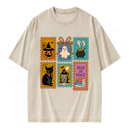 Pagewings Halloween Cute Ghost Pumpkin Cat Unisex Washed T-shirt