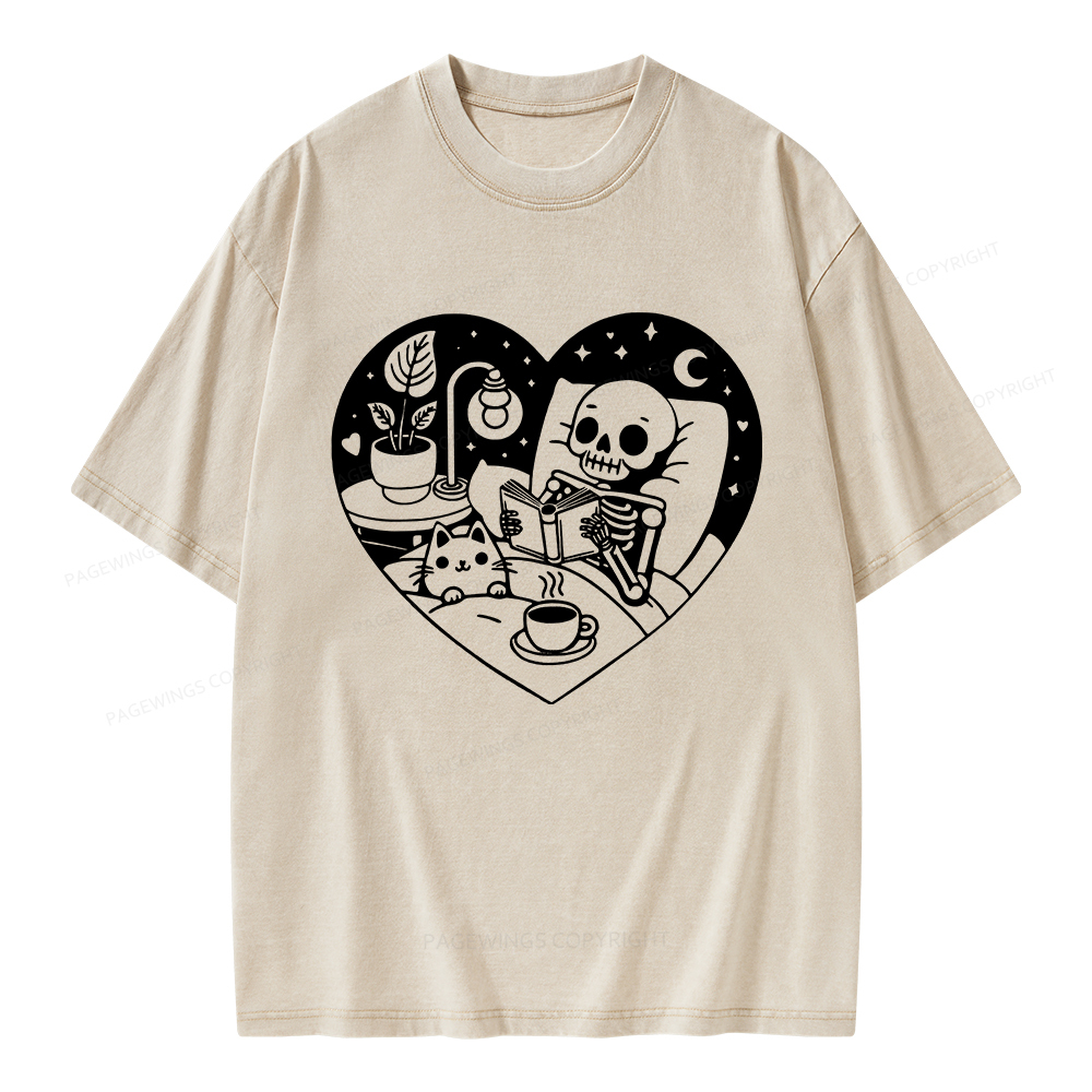 Pagewings Reading Skeleton and Cat Unisex Washed T-shirt