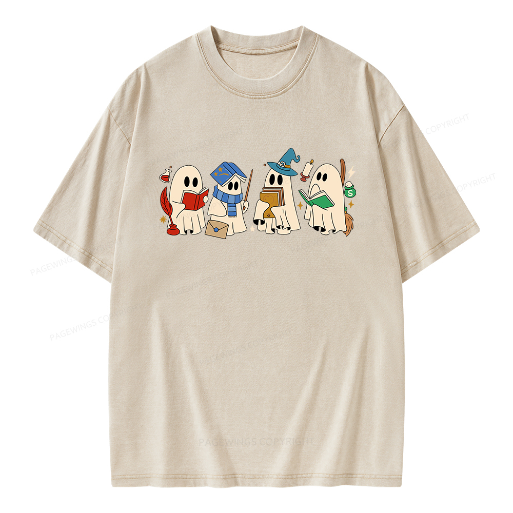 Pagewings Halloween Ghosts Reading Book Unisex Washed T-shirt