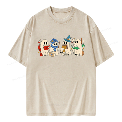 Pagewings Halloween Ghosts Reading Book Unisex Washed T-shirt