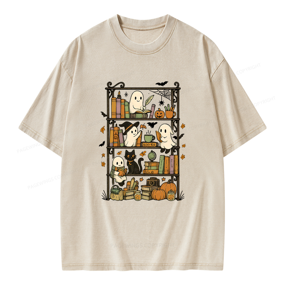 Pagewings Retro Halloween Bookshelf Unisex Washed T-shirt