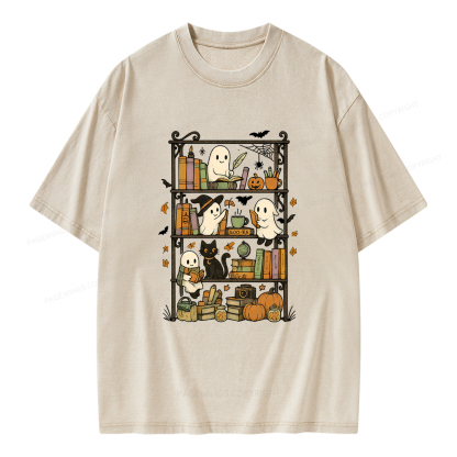 Pagewings Retro Halloween Bookshelf Unisex Washed T-shirt