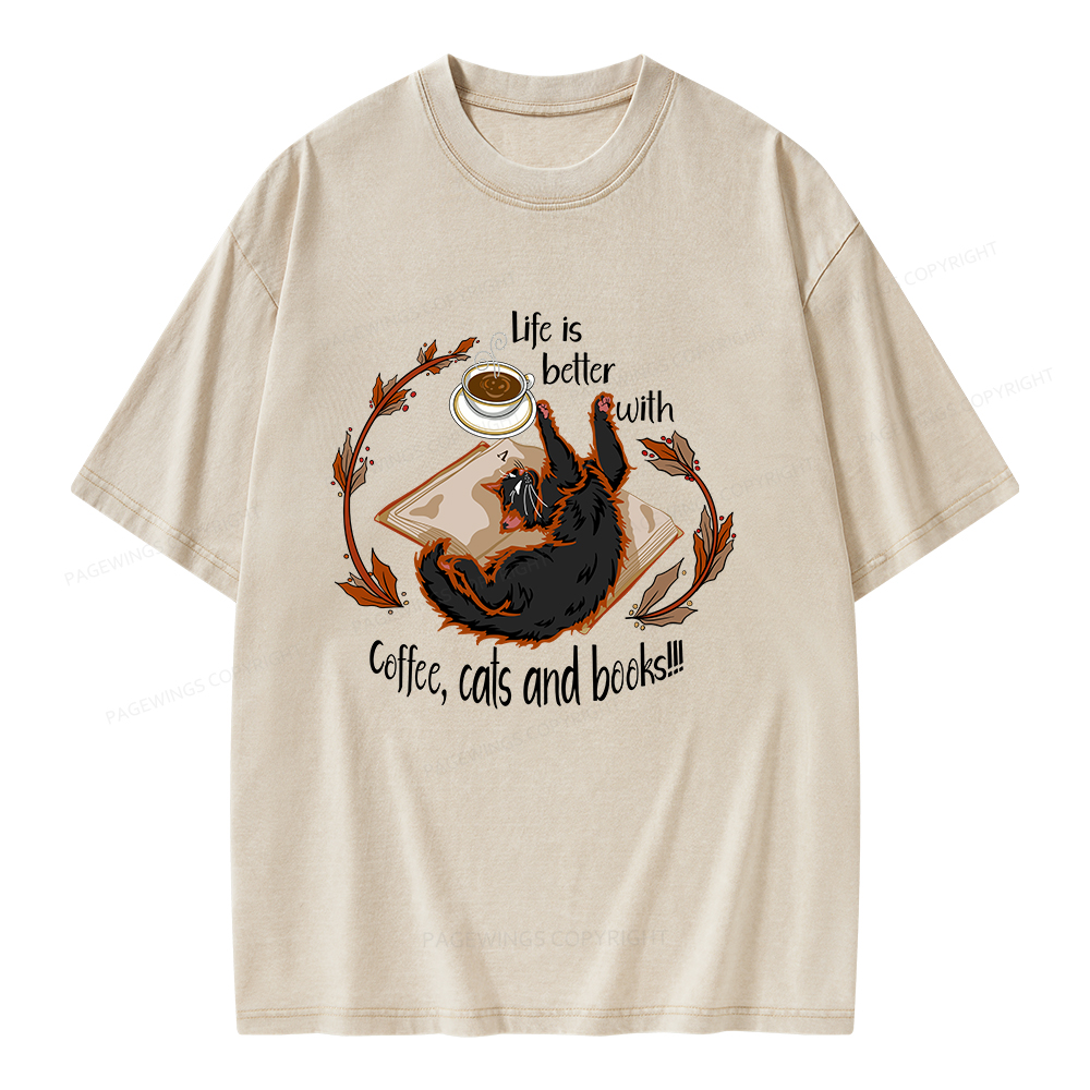 Pagewings Life Is Better With Coffee Cats And Books Unisex Washed T-shirt
