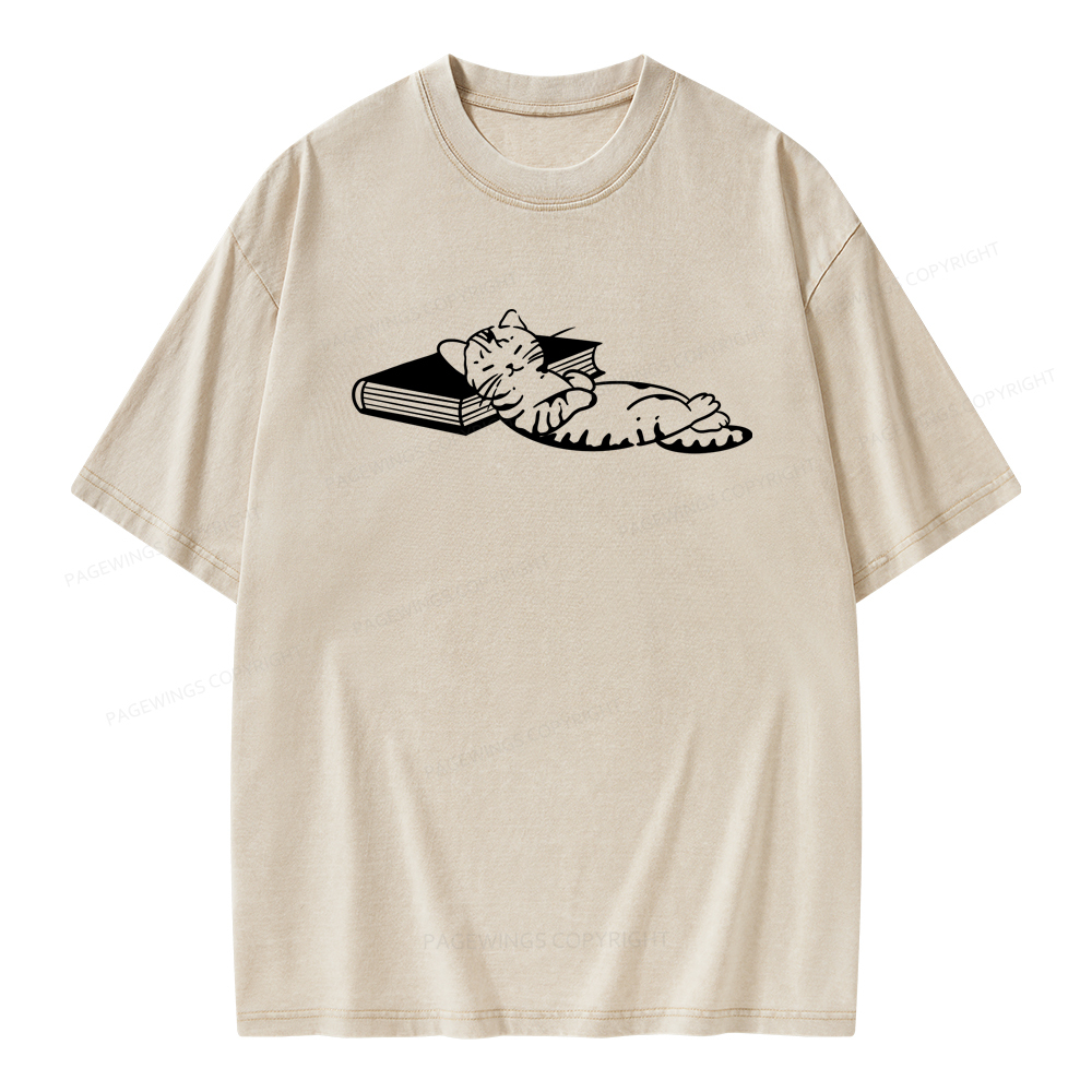 Pagewings A Cat Sleeping On The Book Unisex Washed T-shirt