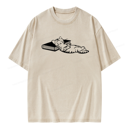 Pagewings A Cat Sleeping On The Book Unisex Washed T-shirt