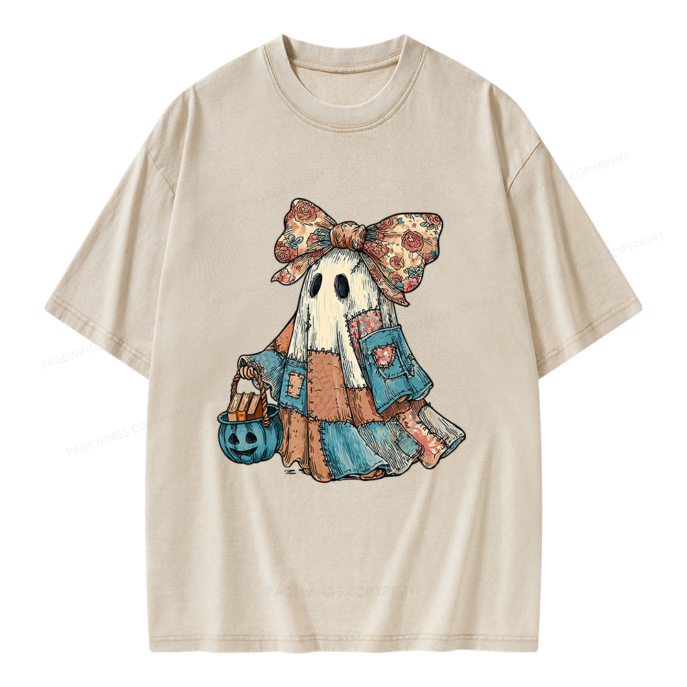 Pagewings Halloween Patchwork Spooky Ghost Buy Books Unisex Washed T-shirt