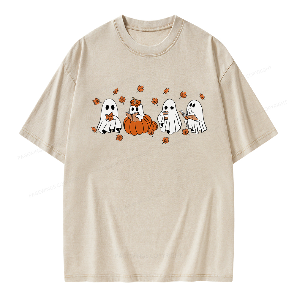 Pagewings Halloween Fall Ghost Reading Books Unisex Washed T-shirt