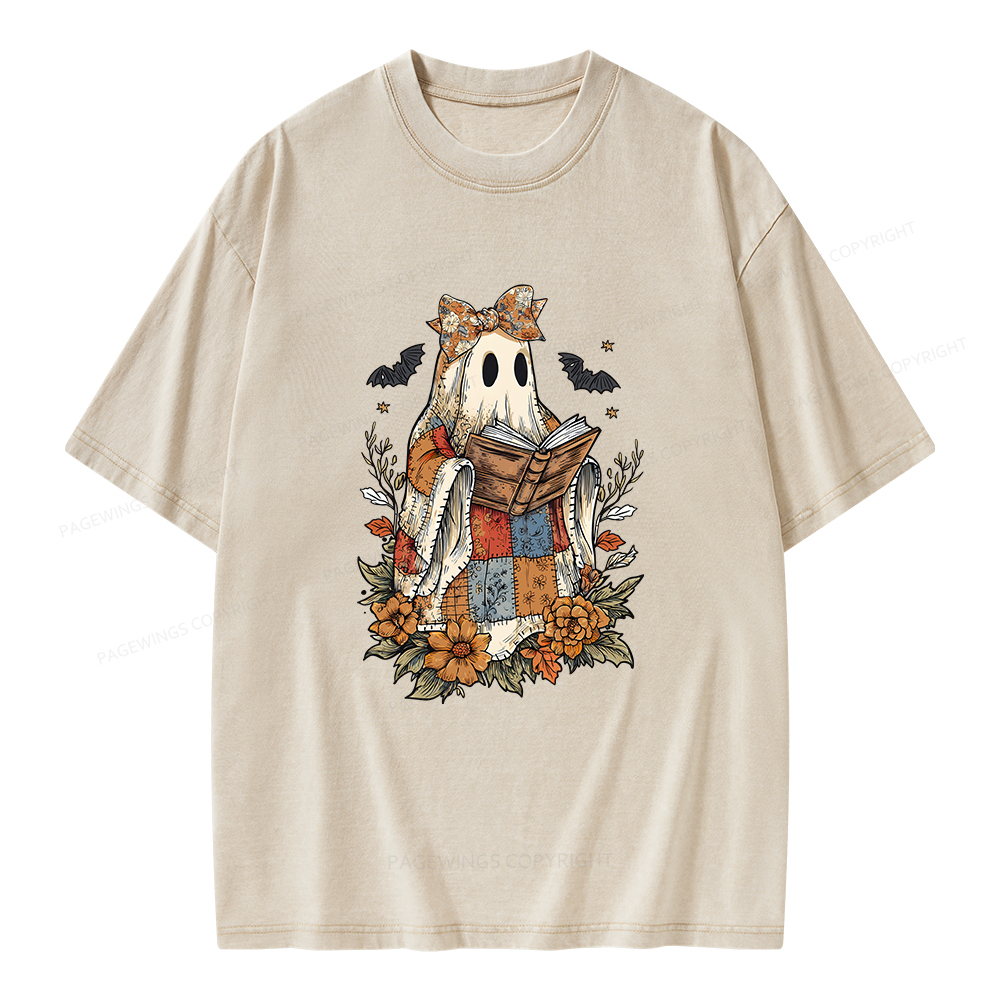 Pagewings Patchwork Ghost Reading Books Unisex Washed T-shirt
