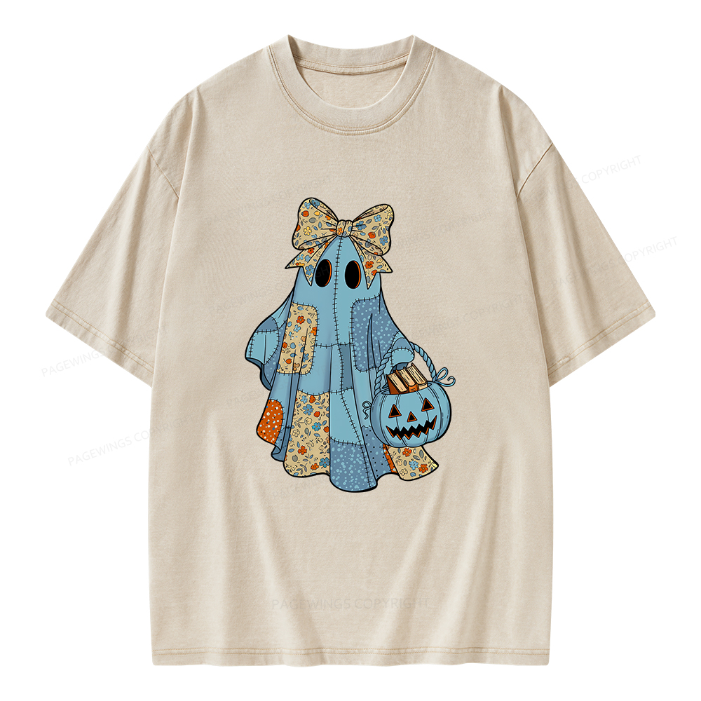 Pagewings Halloween Patchwork Spooky Ghost Reading Books Unisex Washed T-shirt