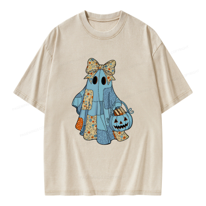 Pagewings Halloween Patchwork Spooky Ghost Reading Books Unisex Washed T-shirt