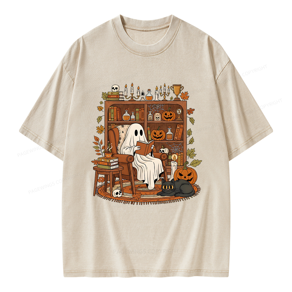 Pagewings Cozy Ghost Reading Halloween Unisex Washed T-shirt