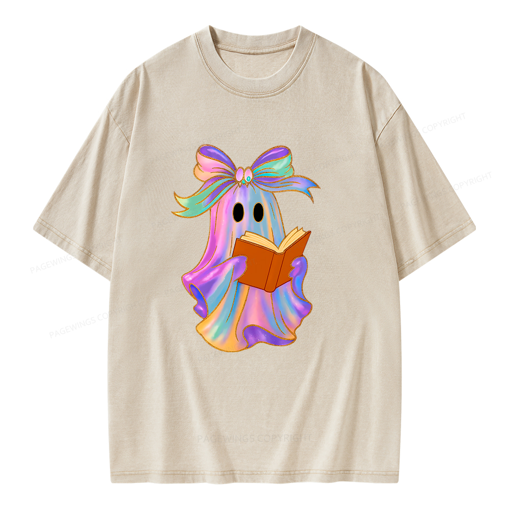 Pagewings Ghost Reading Halloween Unisex Washed T-shirt
