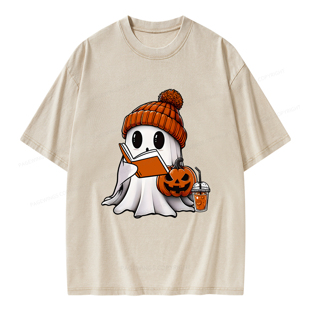 Pagewings Halloween Ghost Book Lover Unisex Washed T-shirt