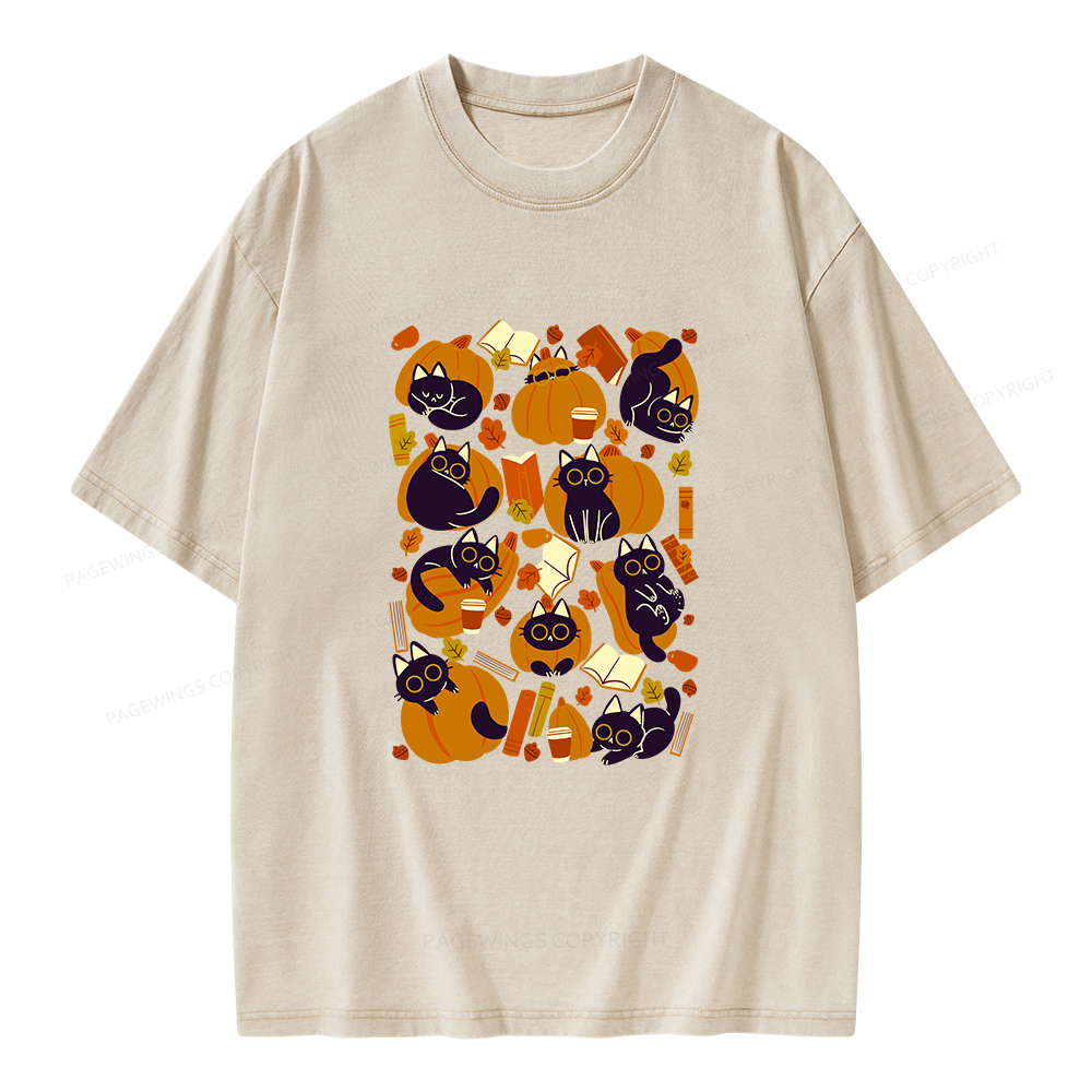 Pagewings Cats Pumpkins and Books Unisex Washed T-shirt