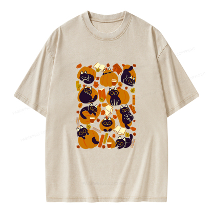 Pagewings Cats Pumpkins and Books Unisex Washed T-shirt