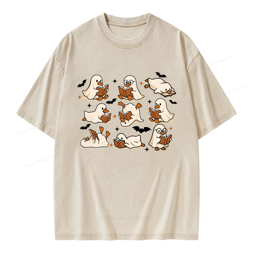 Pagewings Ghost Duck Reading Books Unisex Washed T-shirt