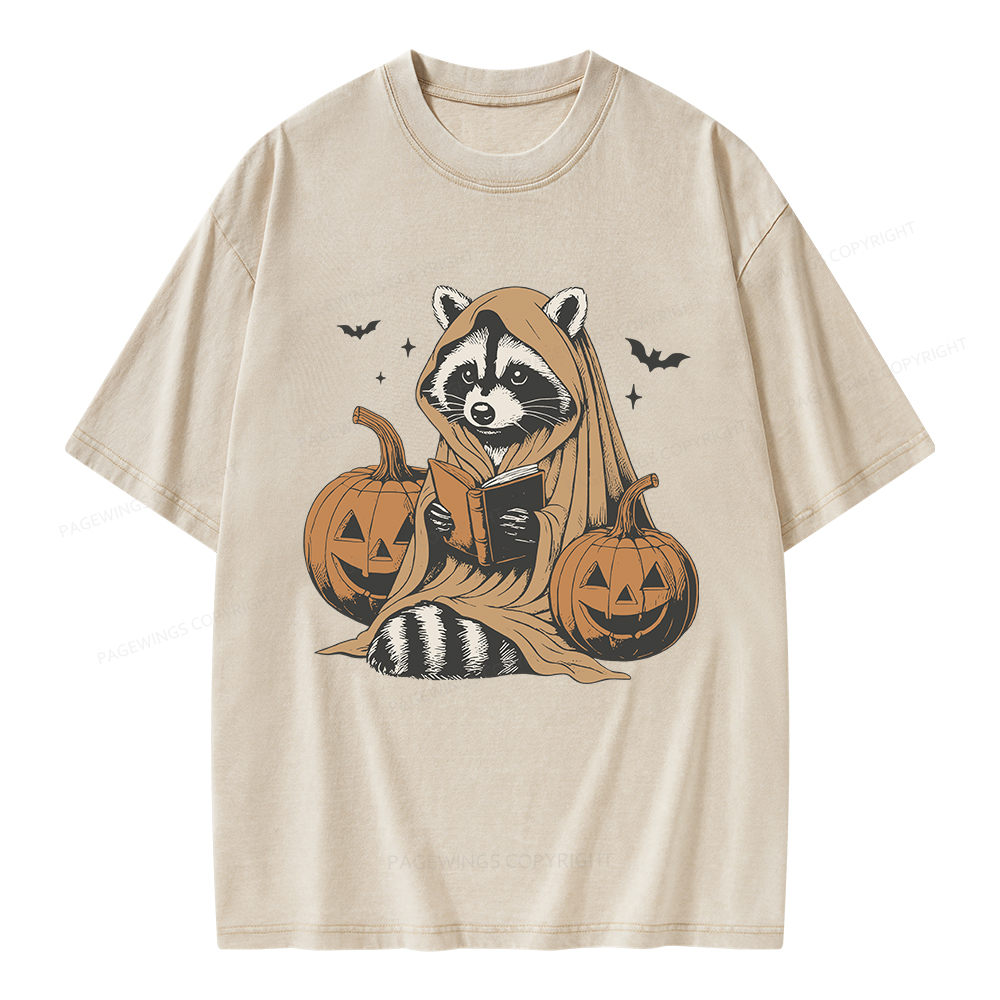 Pagewings Halloween Cute Raccoon Ghost Reading Unisex Washed T-shirt