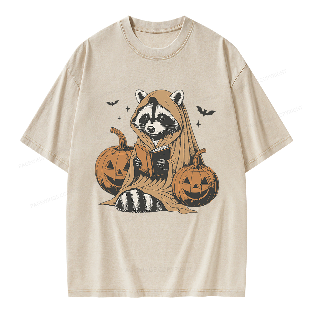 Pagewings Halloween Cute Raccoon Ghost Reading Unisex Washed T-shirt