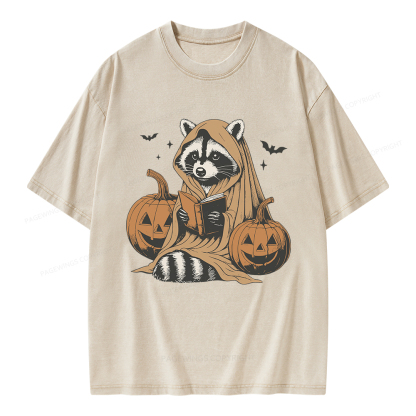 Pagewings Halloween Cute Raccoon Ghost Reading Unisex Washed T-shirt