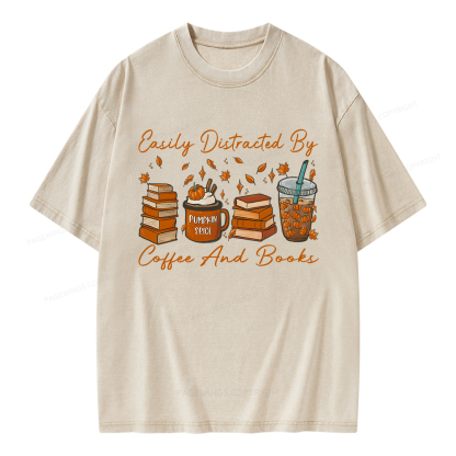 Pagewings Easily Distracted By Coffee And Books Unisex Washed T-shirt