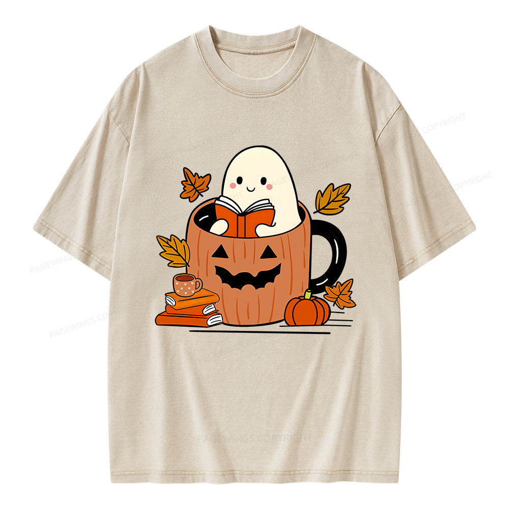 Pagewings Ghost Reading Books Unisex Washed T-shirt