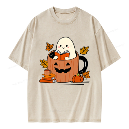 Pagewings Ghost Reading Books Unisex Washed T-shirt