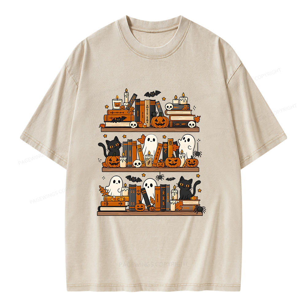 Pagewings Spooky Bookshelf Unisex Washed T-shirt