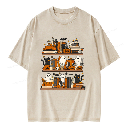 Pagewings Spooky Bookshelf Unisex Washed T-shirt