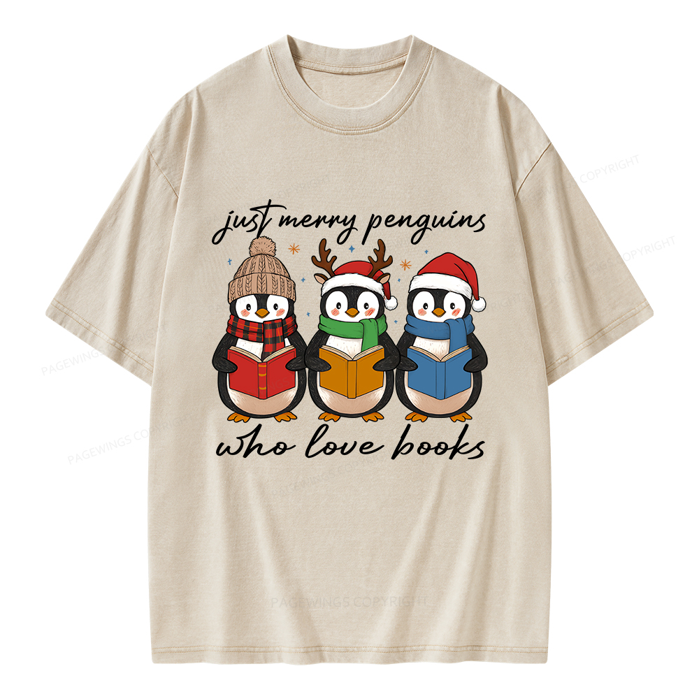 Pagewings Just Merry Penguins Who Love Books Unisex Washed T-shirt