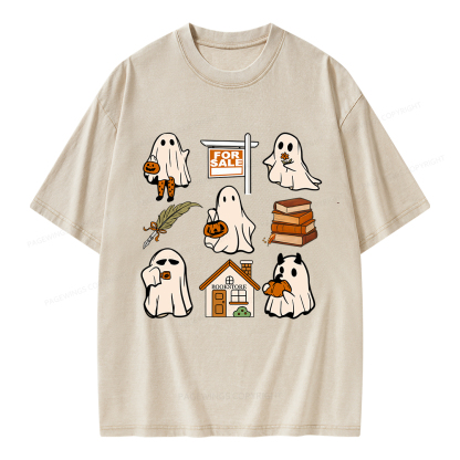 Pagewings Halloween Ghosts Going To Buy Books Unisex Washed T-shirt