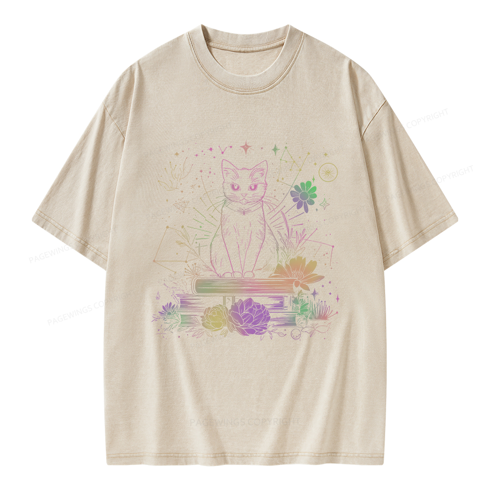 Pagewings Black Cat Book Lover Unisex Washed T-shirt