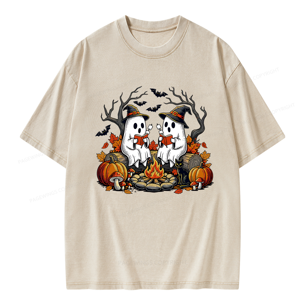 Pagewings Bookish Ghost Halloween Fall Camping  Unisex Washed T-shirt