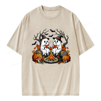 Pagewings Bookish Ghost Halloween Fall Camping  Unisex Washed T-shirt