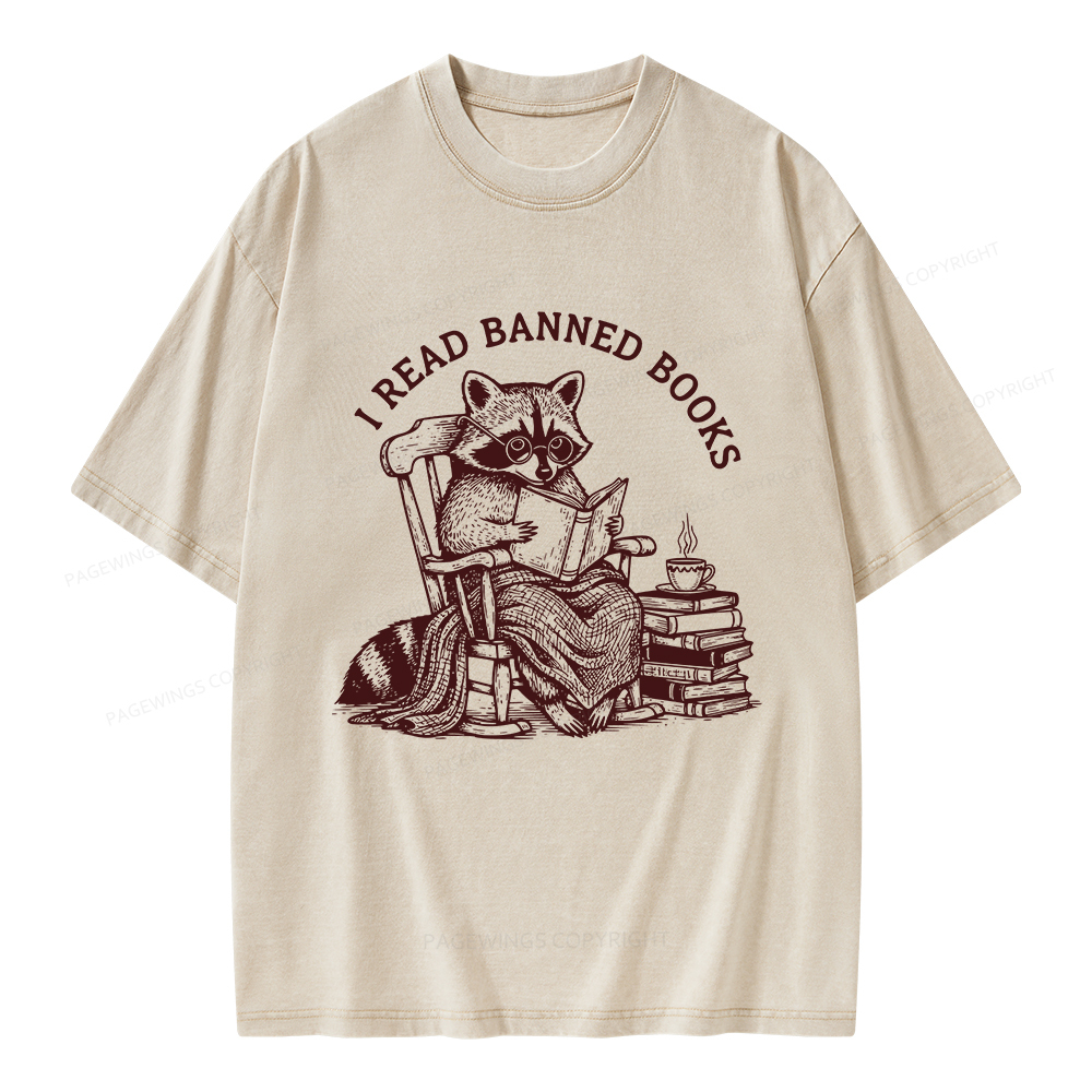 Pagewings I Read Banned Books Raccoon Reading Unisex Washed T-shirt