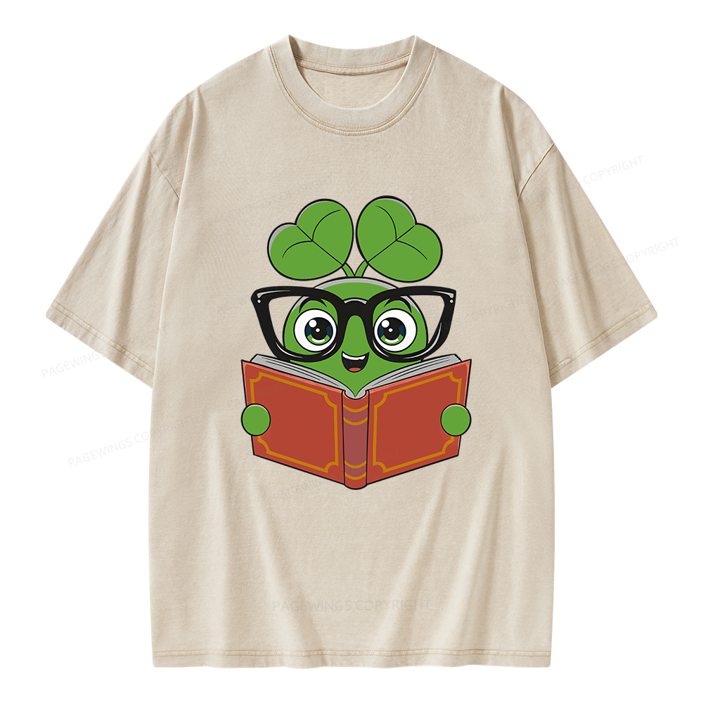 Pagewings Cute Reading Clover Tee Lucky Bookworm T-Shirt Unisex Washed T-shirt