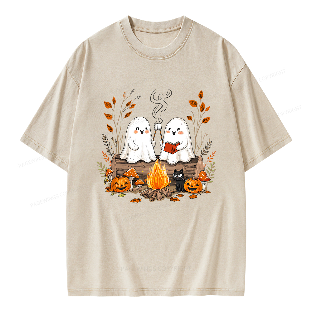 Pagewings Cute Ghost Halloween Unisex Washed T-shirt