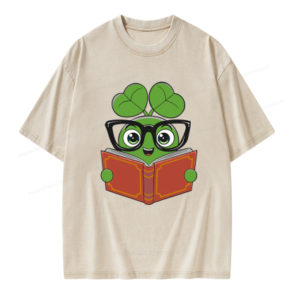 Pagewings Cute Reading Clover Tee Lucky Bookworm T-Shirt Unisex Washed T-shirt