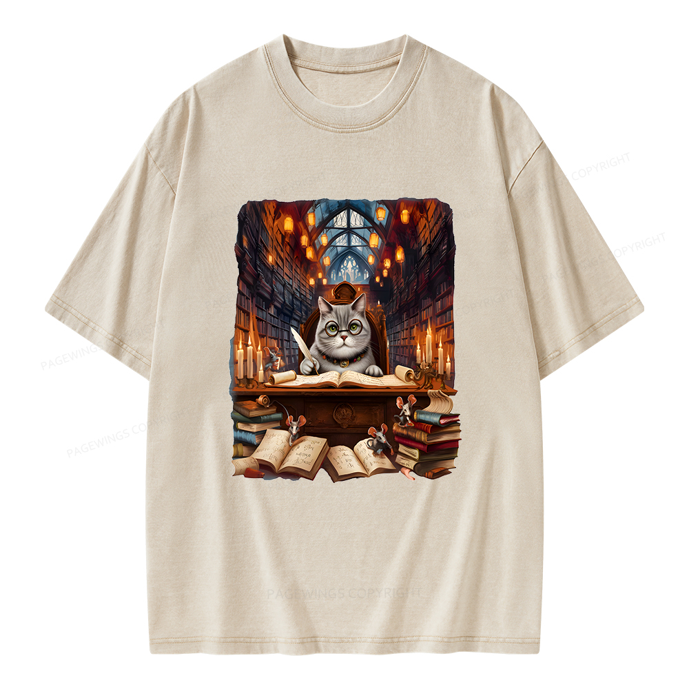 Pagewings Cat Books Unisex Washed T-shirt