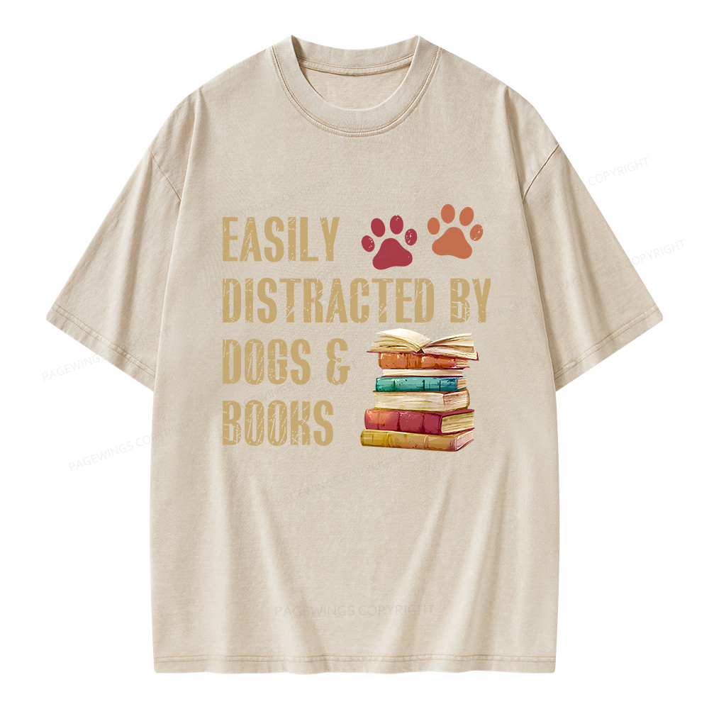 Pagewing Easily Distracted By Dogs And Books Unisex Washed T-shirt
