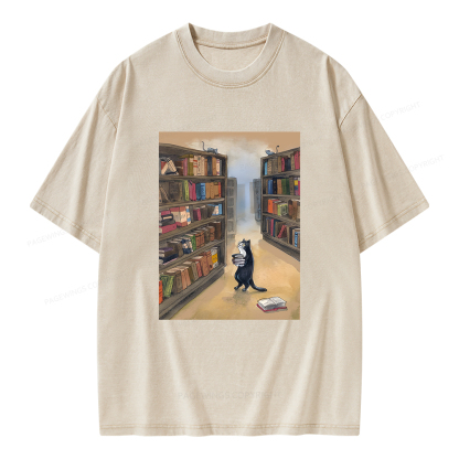 Pagewings Cat Lost In The Library Unisex Washed T-shirt