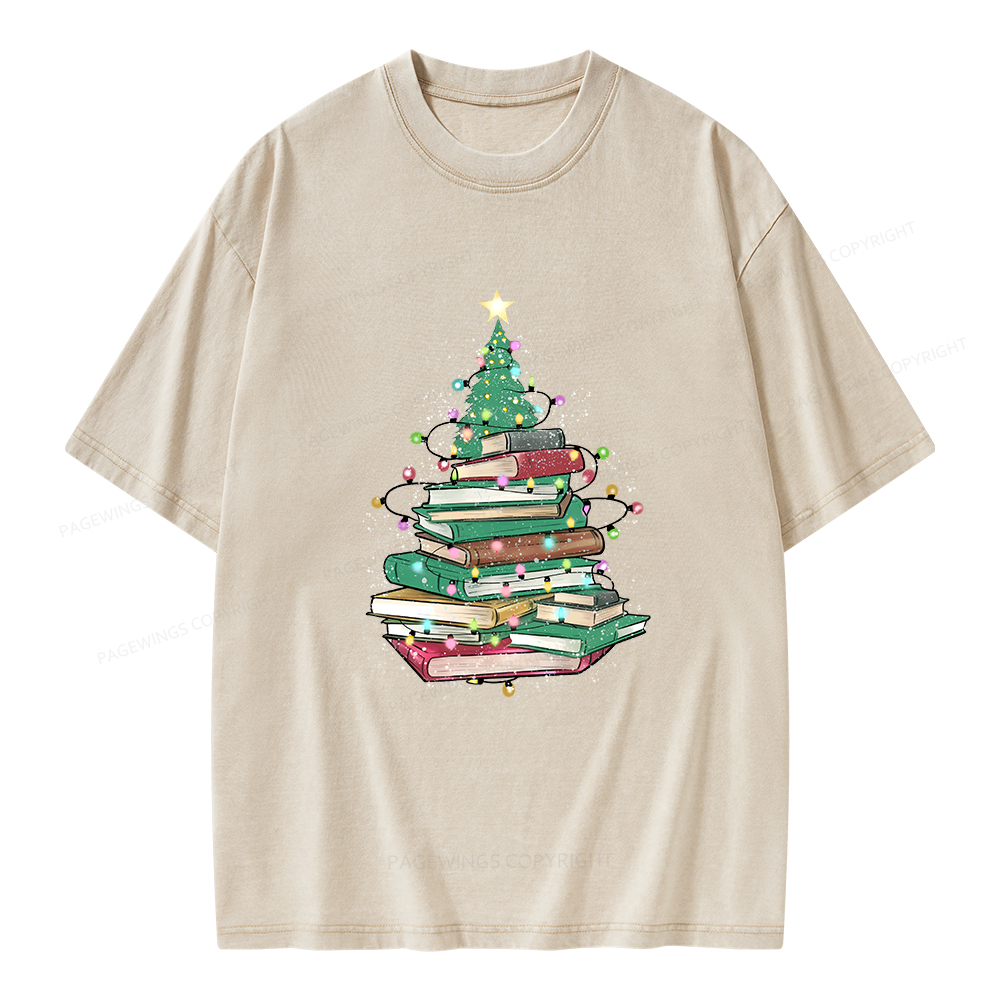 Pagewings Christmas Book Tree Unisex Washed T-shirt