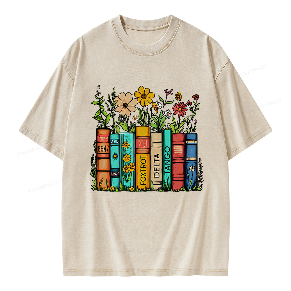 Pagewings Flowers and Books Unisex Washed T-shirt