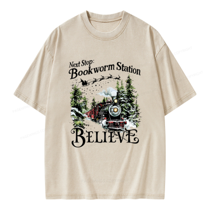Pagewings Next Stop Bookworm Station Believe Unisex Washed T-shirt