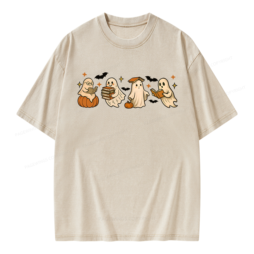 Pagewings Cute Ghost Reading Book Halloween Unisex Washed T-shirt