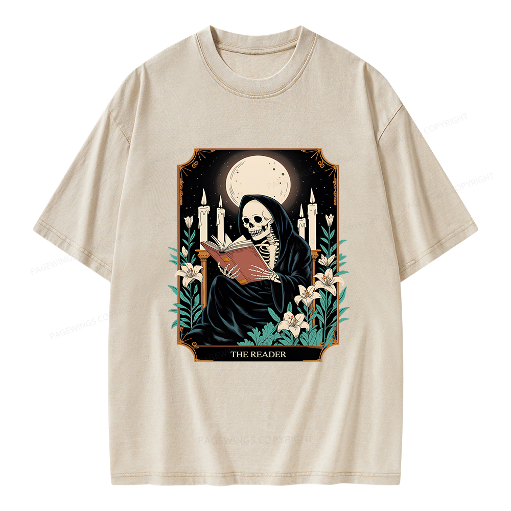 Pagewings The Reader Skeleton Tarot Card Unisex Washed T-shirt