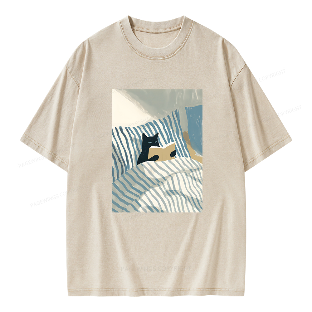 Pagewings Cat Reading Unisex Washed T-shirt