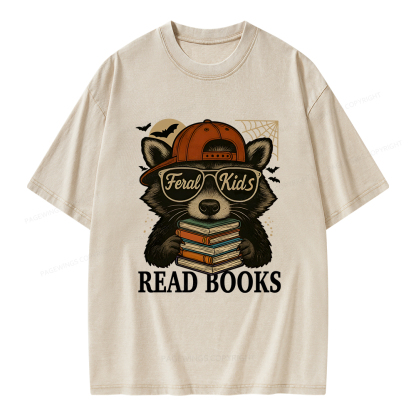 Pagewings Feral Kid Read Books Unisex Washed T-shirt