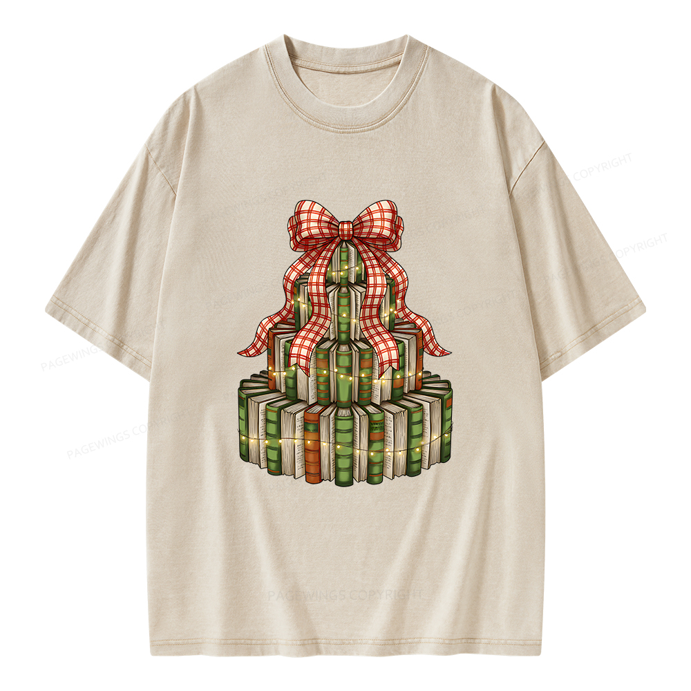 Pagewings Christmas Book Tree Unisex Washed T-shirt